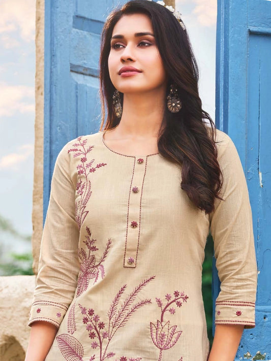 Classic Beige Rayon Kurti with Maroon Thread Floral Embroidery