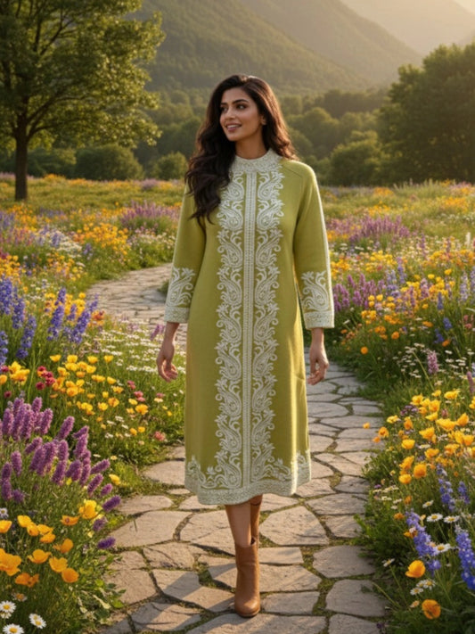 Olive Green Kashmiri Embroidered Knit Midi Dress