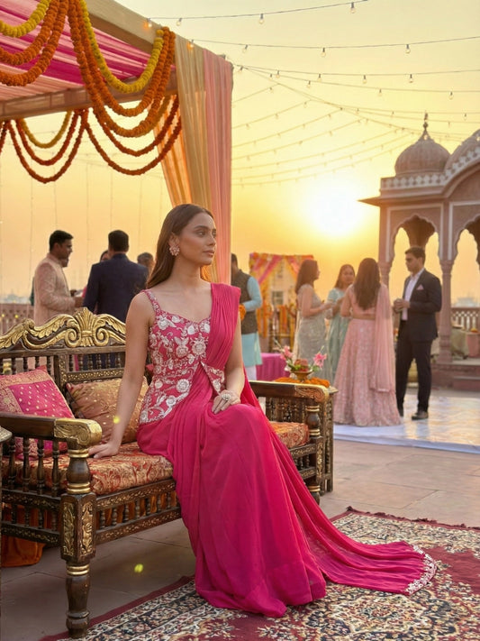 Hot Pink Embroidered Corset Fusion Saree Set