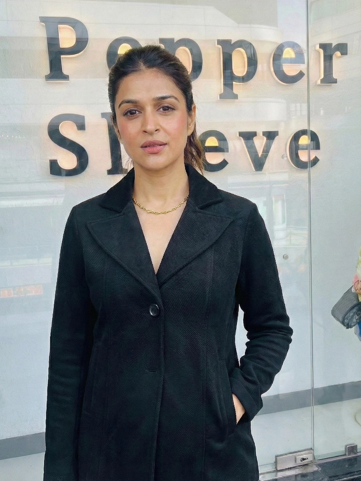 Classic Black Textured Single-Breasted Coat