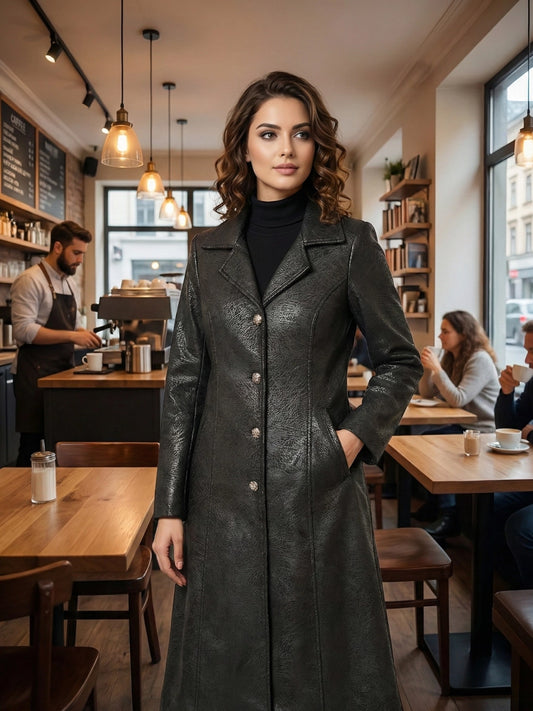 Charcoal Grey Textured Single-Breasted Long Coat