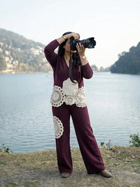 Maroon Crochet Patchwork Lounge Set