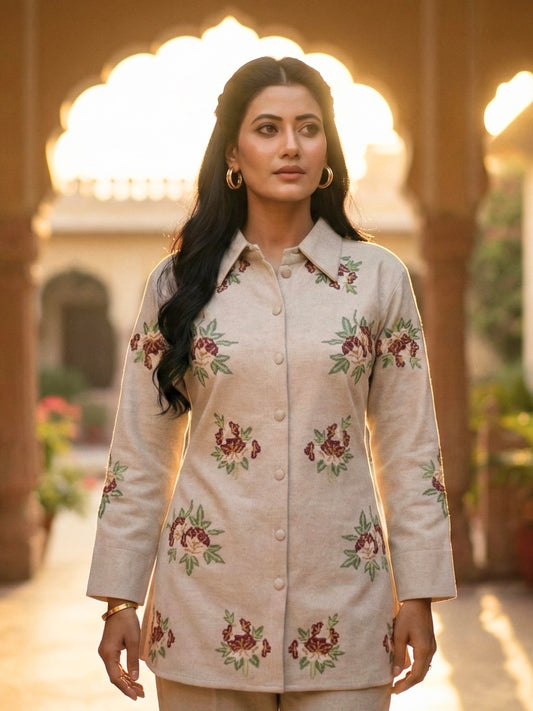 Beige Rose Patterned Button-Down Co-ord Set