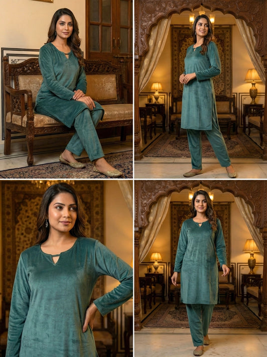 Teal Blue Solid Winter Kurta Set