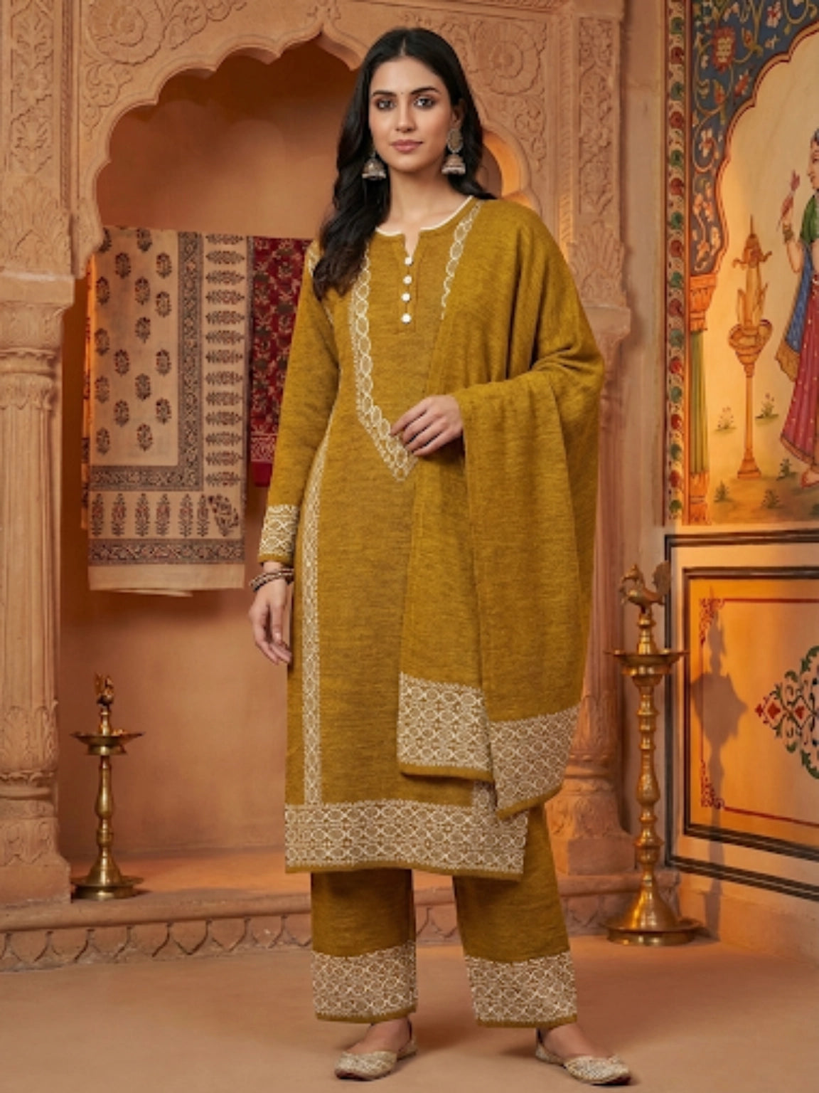 Mustard Yellow Embroidered 3-Piece Kurta Set with Matching Shawl