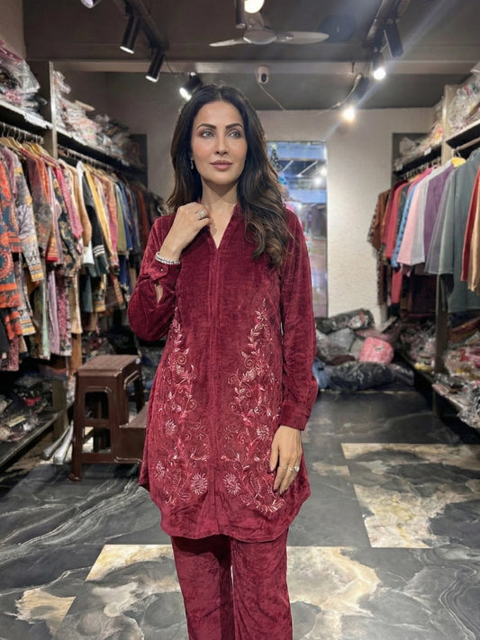 Maroon Embroidered Shirt-Style Co-ord Set