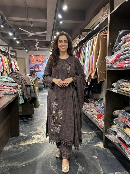 Cocoa Brown Floral Embroidered Kurta Set with Scalloped Lace Detail