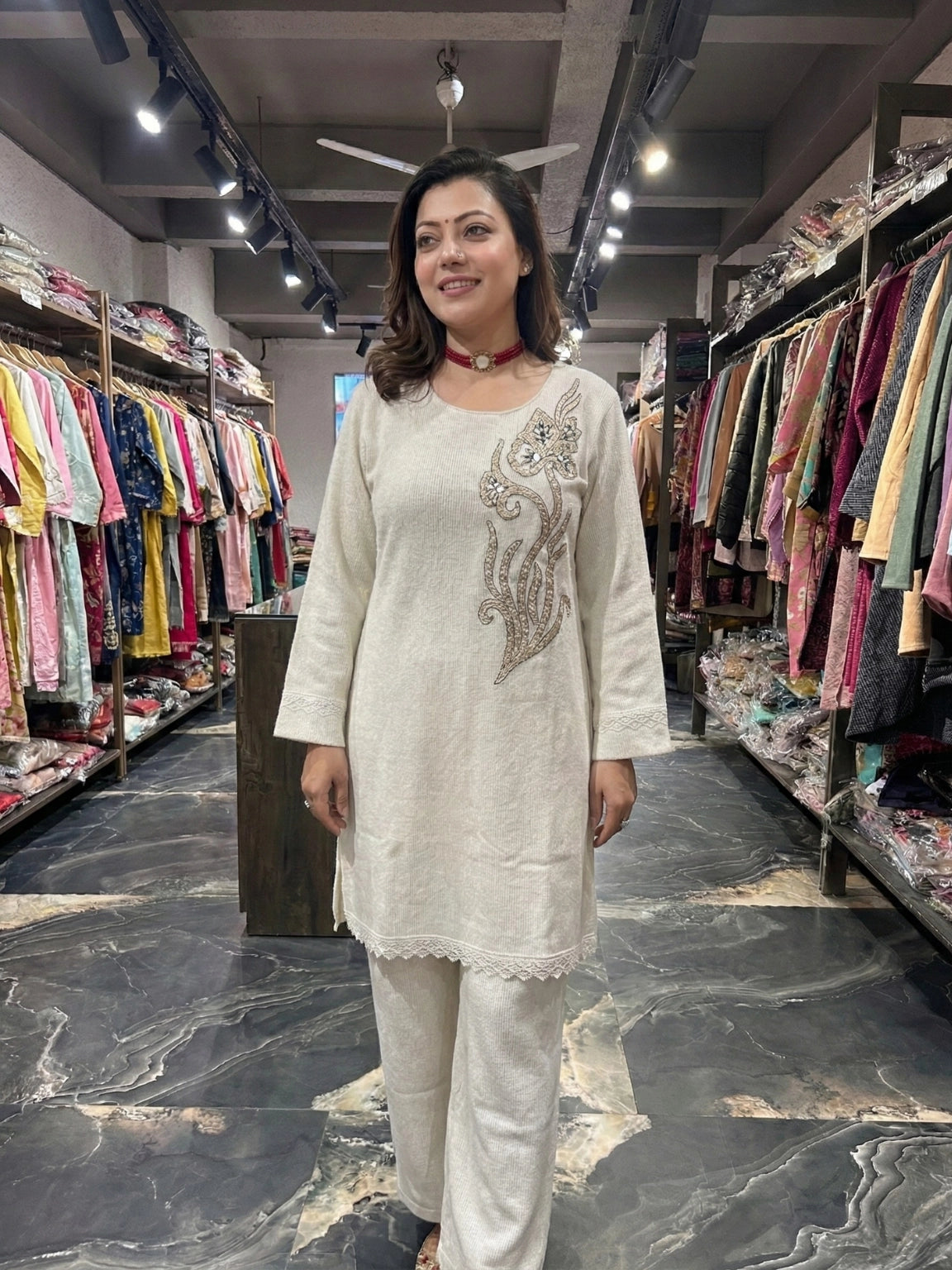 Cream Floral Embroidered 2-Piece Winter Set