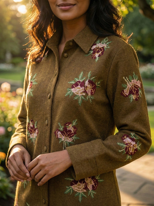 Olive Brown Rose Embroidered Button-Down Set