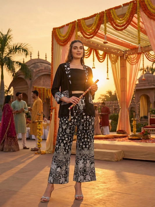 Black Embroidered 3-Piece Fusion Co-ord Set