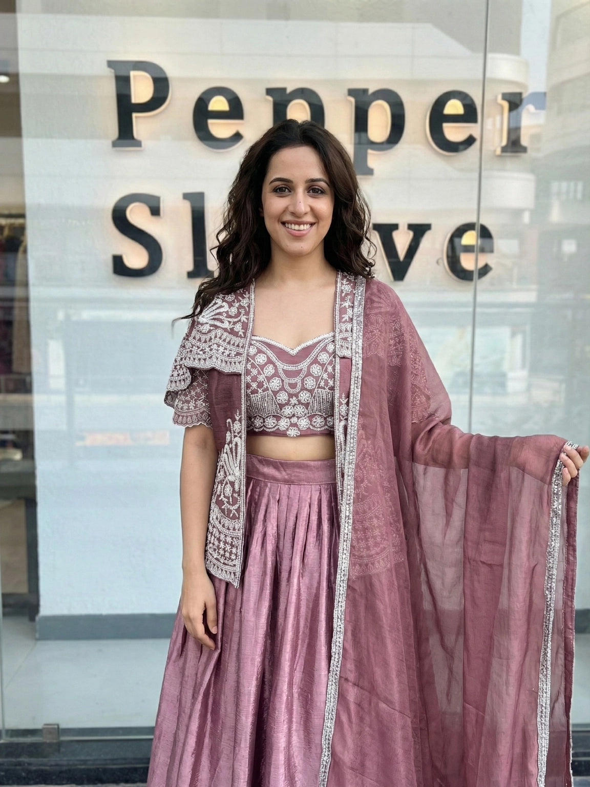 Dusty Mauve Embroidered Fusion Lehenga Set