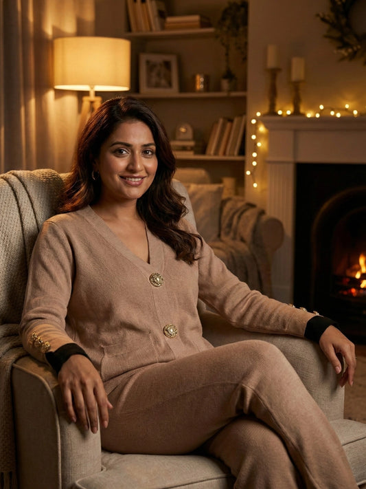 Beige & Black Contrast Trim Button-Down Co-Ord Set