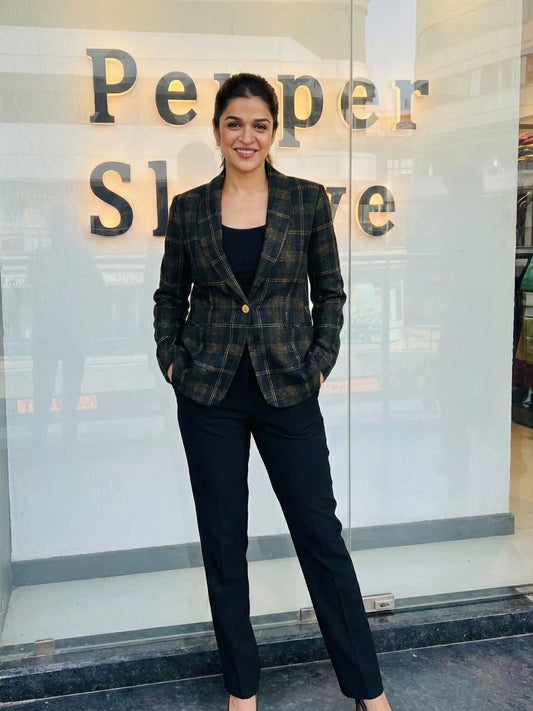 Black & Golden Plaid Single-Breasted Jacket