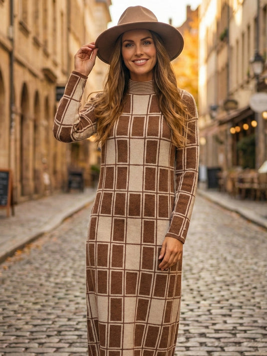 Brown & Beige Geometric Grid Midi Dress