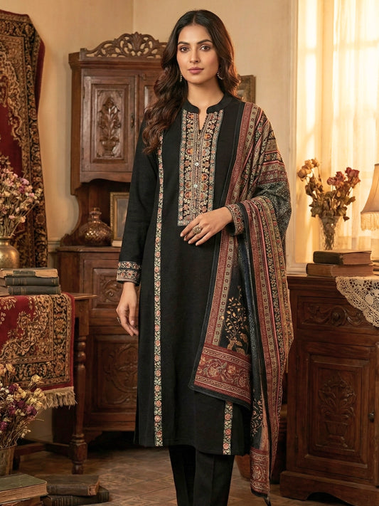 Jet Black Ethnic Motif Woven Design Suit Set with Matching Shawl