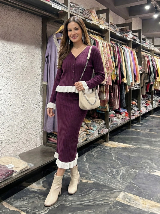 Deep Purple Ruffle Trim Button-Down Co-ord Set