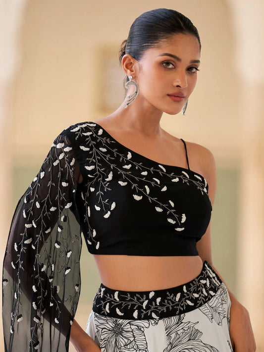 Monochrome Black & White Floral Printed Lehenga Set with Cape Detail