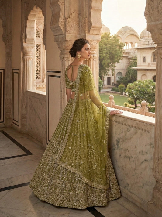 Olive Green Zari Embroidered Designer Lehenga Set