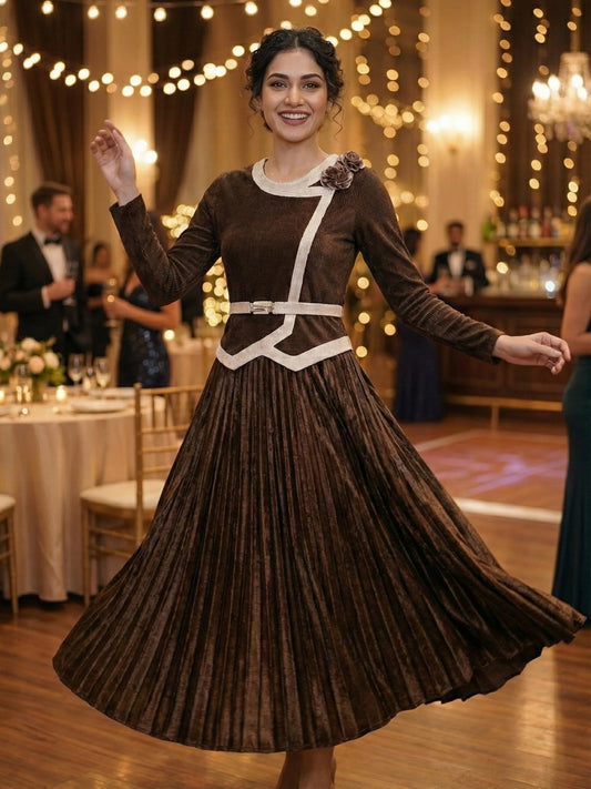 Rich Chocolate Brown Asymmetric Pleated Midi Dress with Cream Accents