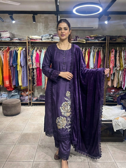 Deep Purple Floral Embroidered Suit Set with Scalloped Lace Detail
