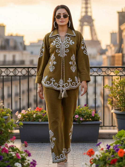 Olive Green Embroidered Collared Co-ord Set