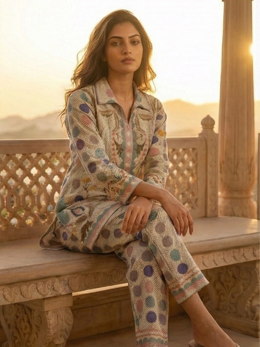 Cream Multi-Color Floral & Polka Dot Co-ord Set