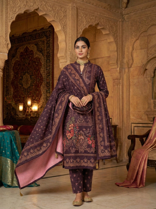 Deep Purple Floral Print 3-Piece Ethnic Suit Set