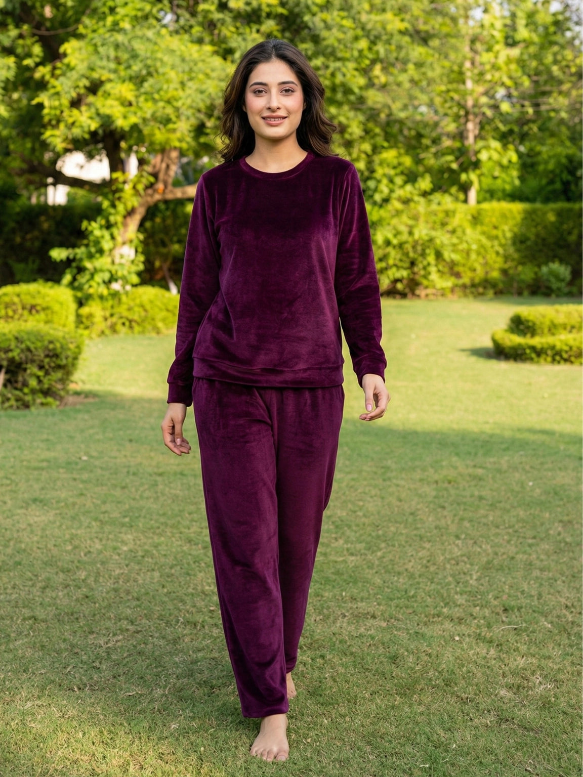 Solid Deep Wine Cozy Night Suit Set