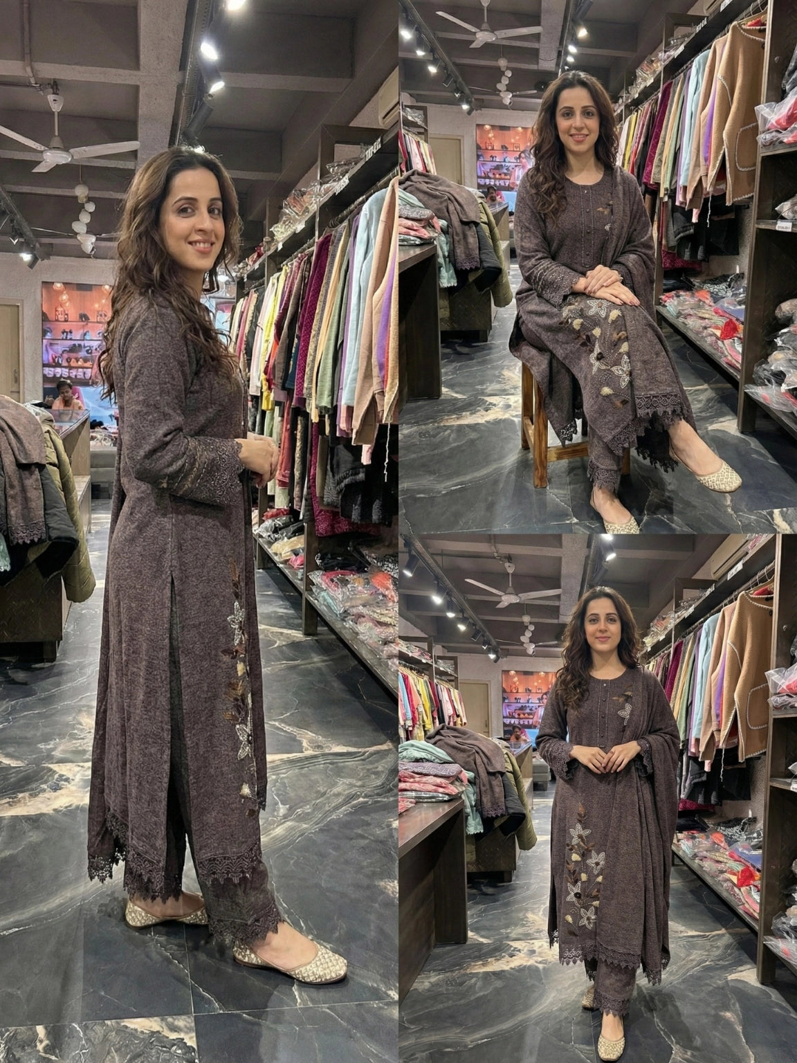 Cocoa Brown Floral Embroidered Kurta Set with Scalloped Lace Detail