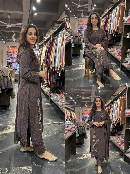 Cocoa Brown Floral Embroidered Kurta Set with Scalloped Lace Detail