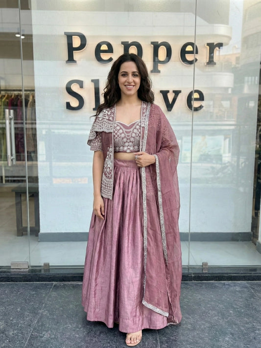 Dusty Mauve Embroidered Fusion Lehenga Set