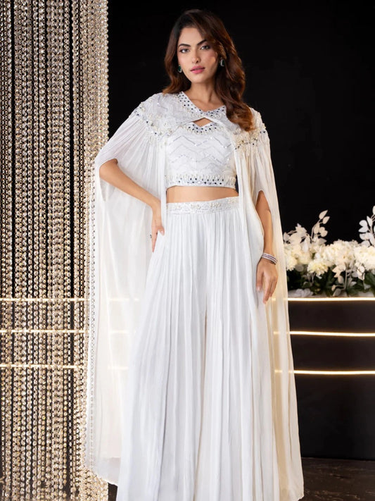 Designer White Mirror Work Cape Set with Crop Top and Palazzos