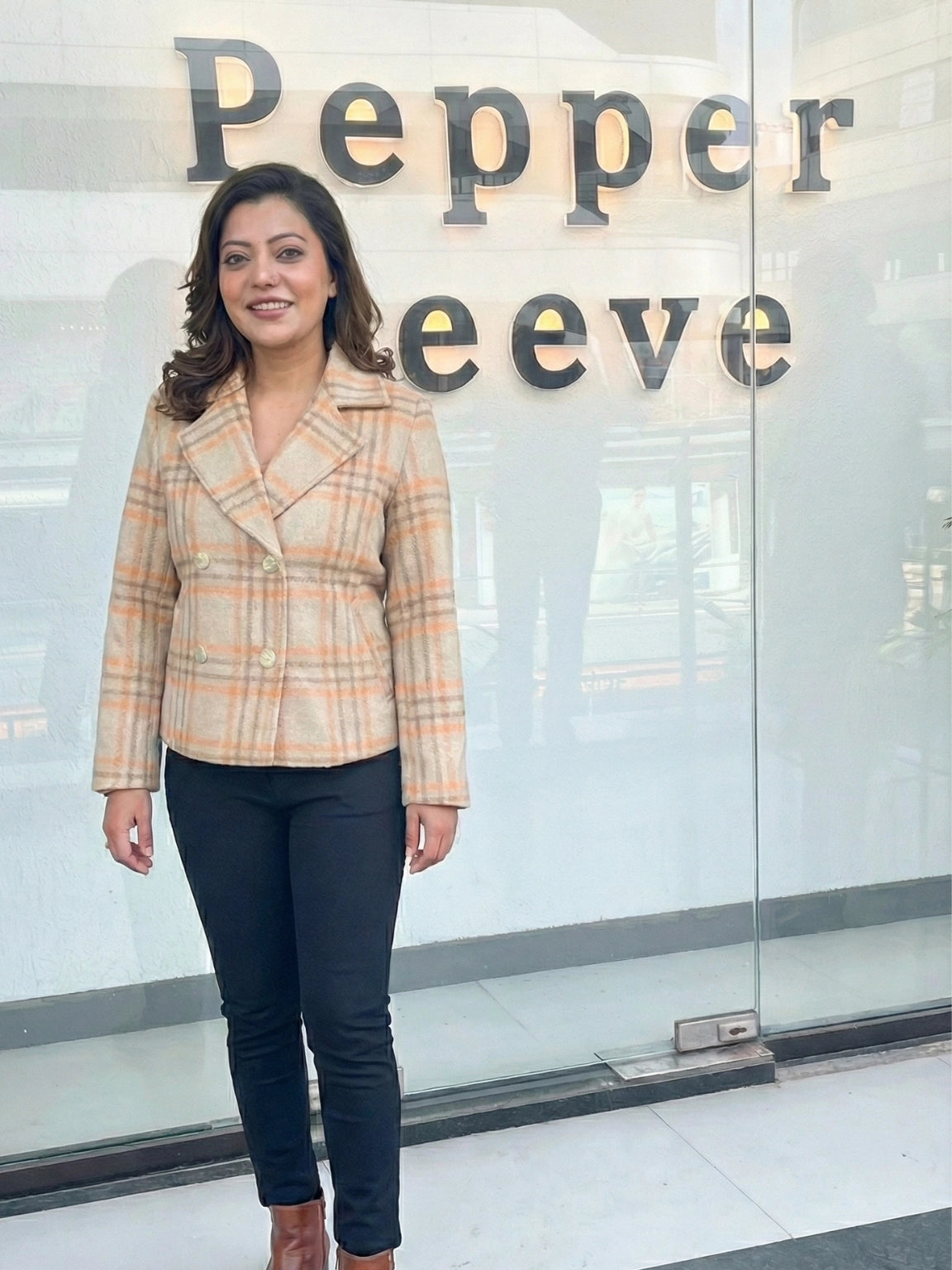 Beige & Tan Checkered Double-Breasted Jacket