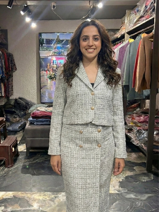 Grey Button-Accented Blazer & Skirt Co-ord Set
