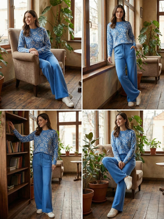 Sky Blue Floral Knit Co-ord Set