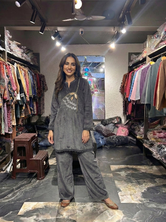 Charcoal Grey Embroidered Statement Co-ord Set