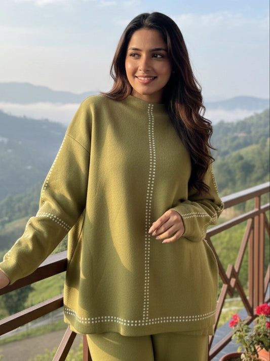 Olive Green Stitch-Detail Relaxed Co-Ord Set