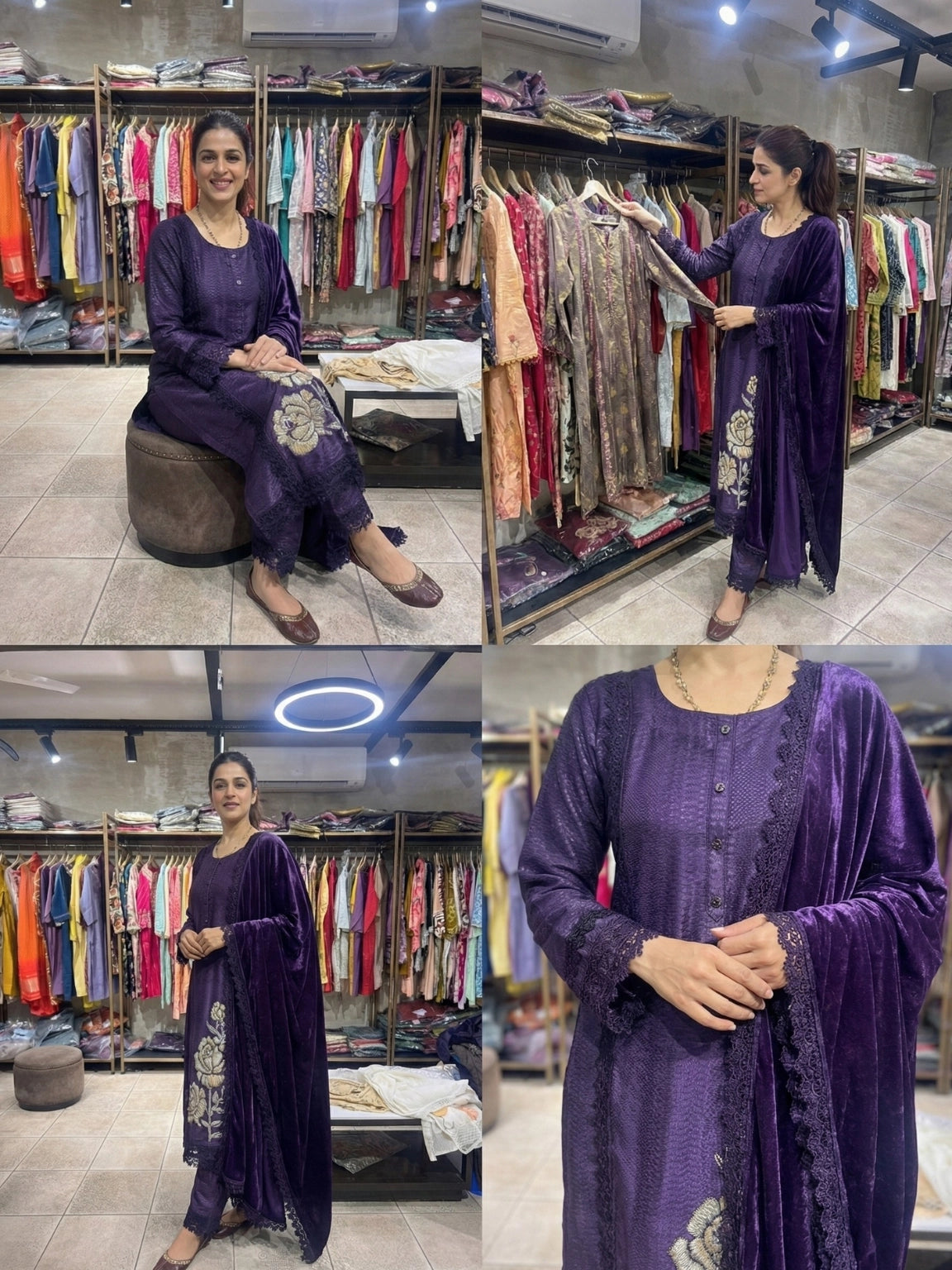 Deep Purple Floral Embroidered Suit Set with Scalloped Lace Detail