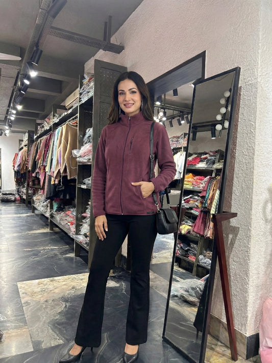 Wine Maroon Zip-Front High Neck Jacket