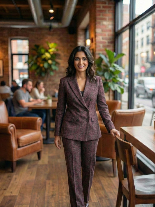 Deep Maroon Paisley Print Double-Breasted Blazer & Trouser Set