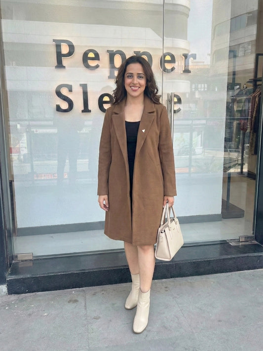 Classic Camel Brown Lapel Neck Long Coat