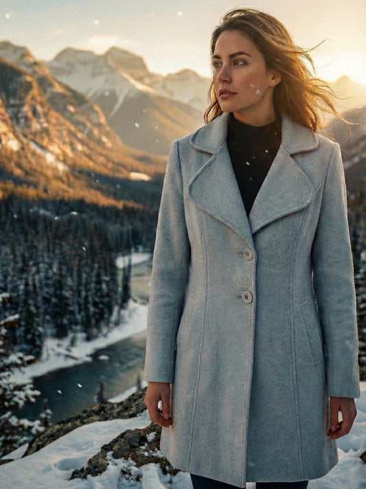 Ice Blue Woolen Lapel Coat