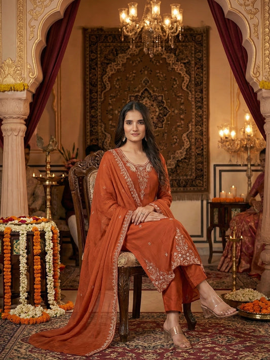 Rust Orange Embroidered Silk Suit Set