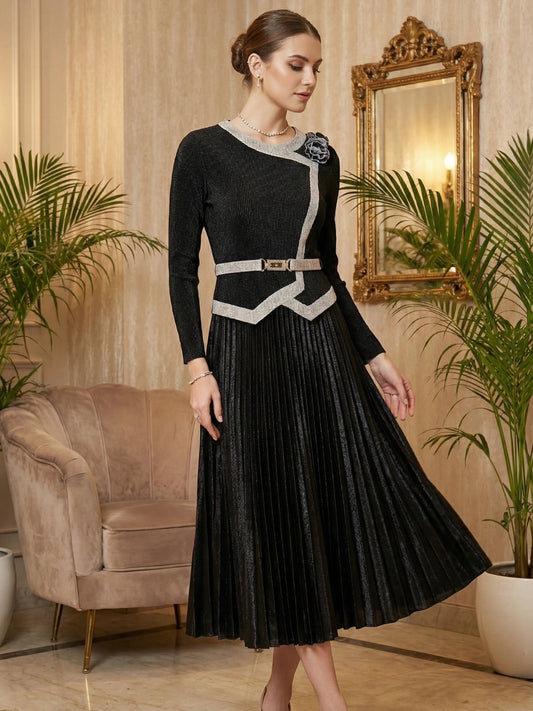 Elegant Black Asymmetric Pleated Midi Dress with Silver Accents