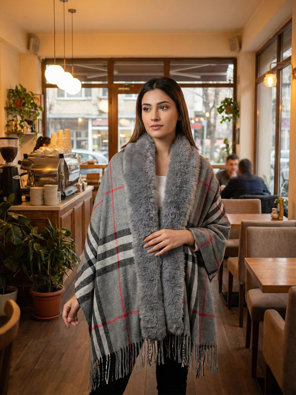 Grey Plaid Cape with Faux Fur Collar