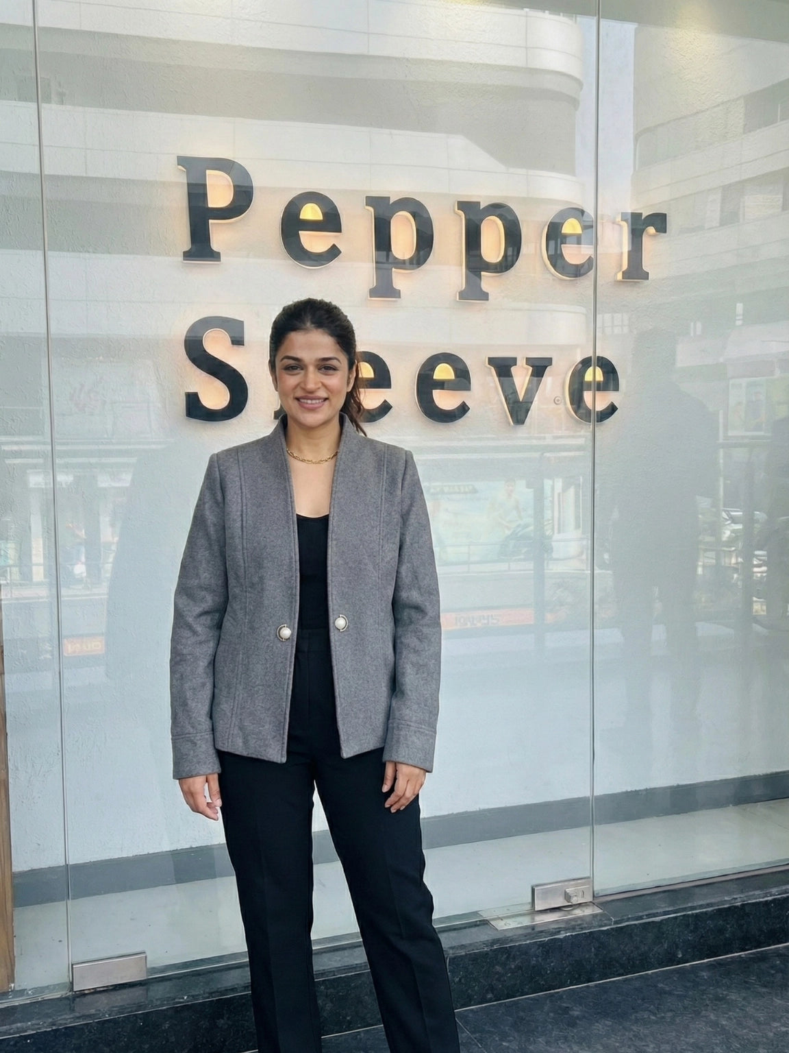 Grey Stand Collar Jacket with Pearl Accents