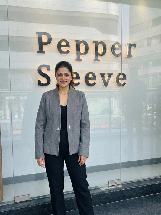 Grey Stand Collar Jacket with Pearl Accents