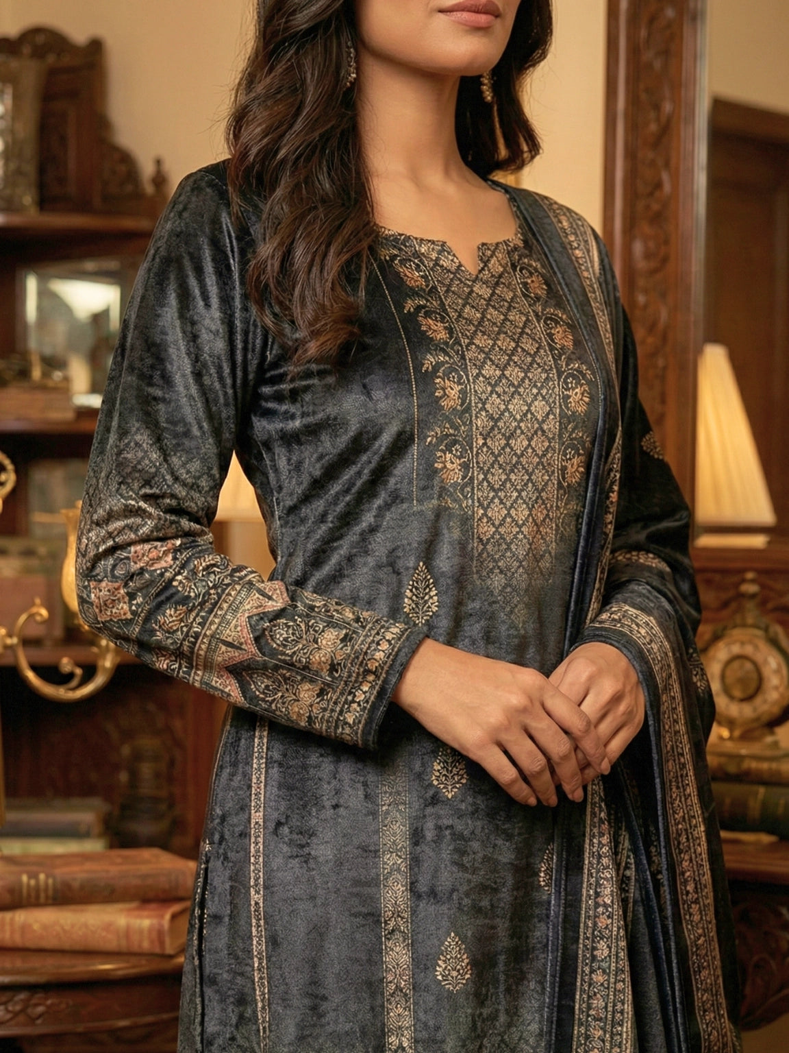 Charcoal Grey Geometric & Floral Print 3-Piece Ethnic Suit Set