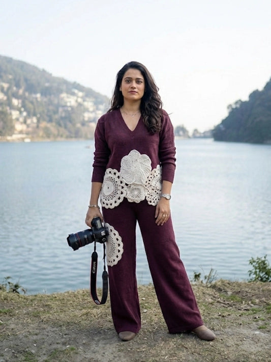 Maroon Crochet Patchwork Lounge Set