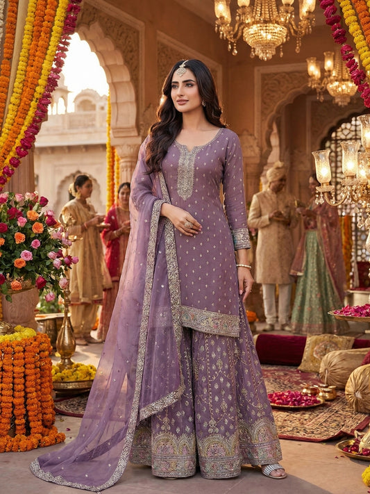 Mauve Purple Zari Embroidered Sharara Set